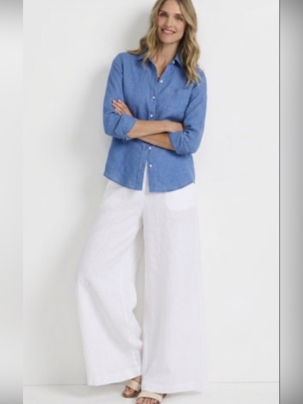 Lands' End M 10/12 white ultra Wide-Leg high rise Linen Pants